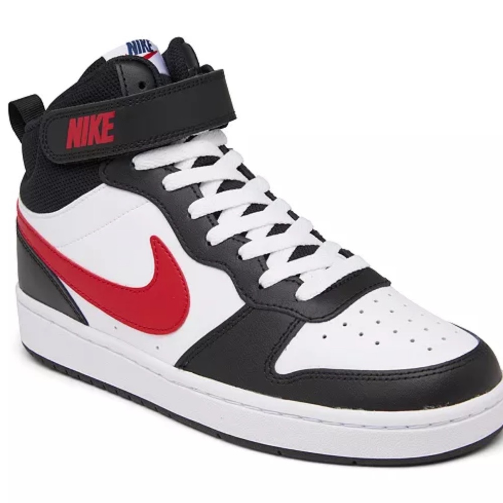 Nike Big Boys Court Borough Mid 2 Stay-Put Casual  Black and White Sneakers